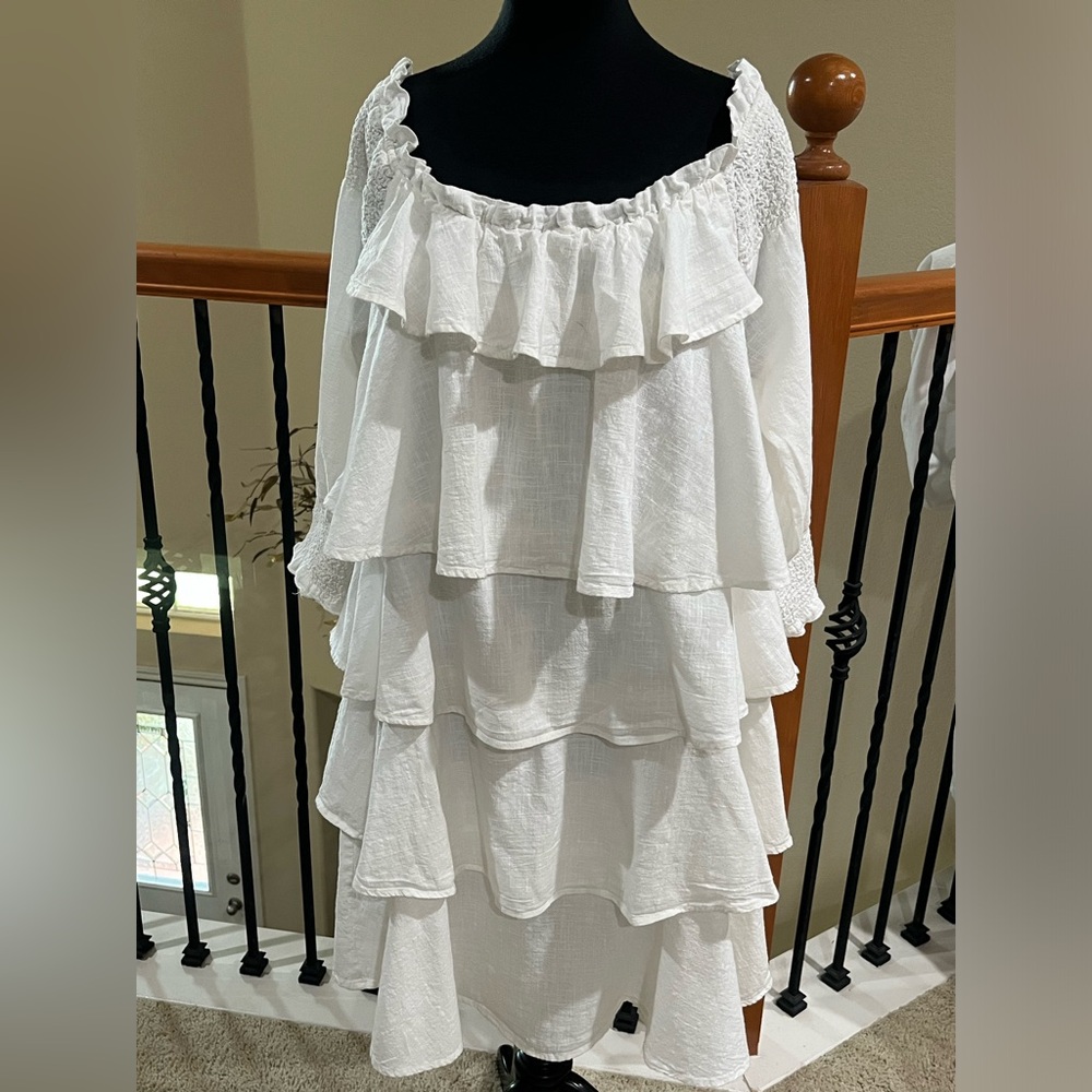 CHELSEA & THEODORE Tiered Ruffle OFF White BOHO, Peasant Dress SIZE XL - Picture 3 of 11